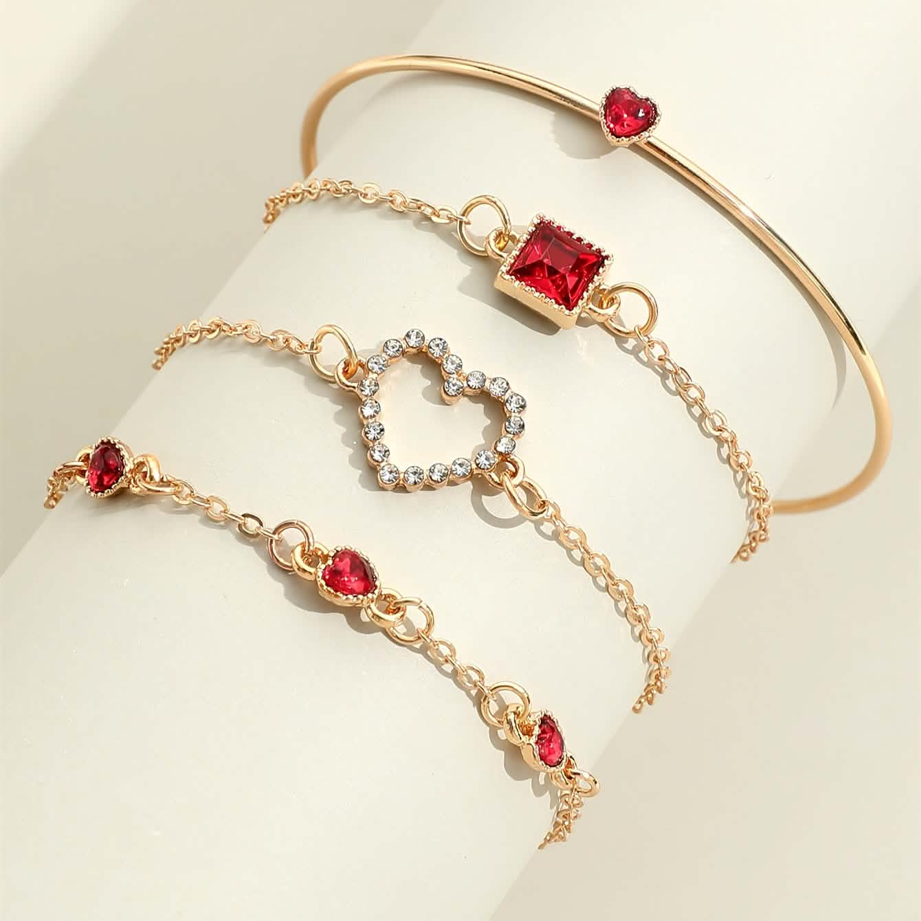 4pcs Rhinestone Alloy Bracelet Set – Minimalist Heart & Square Design