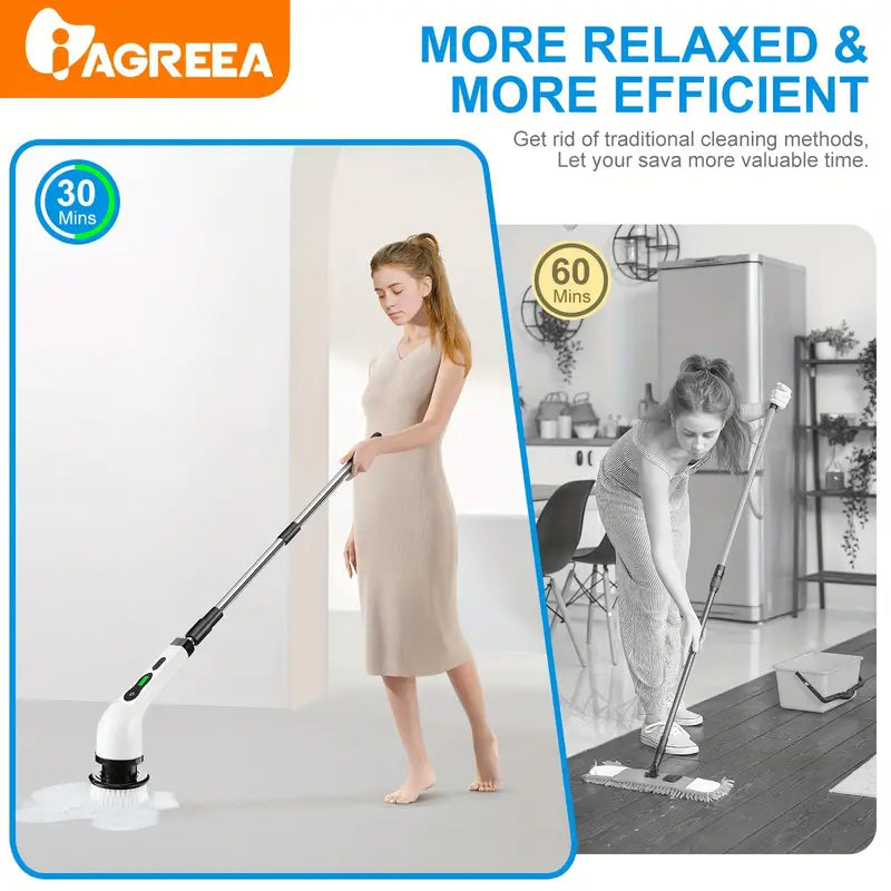 Electric Rotary Scrubber with Replaceable 8 Brush Heads and Adjustable Extension Handle