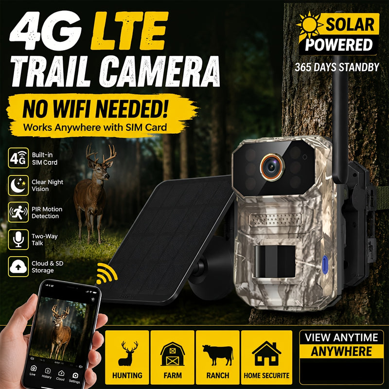 Camouflage 4G LTE solar powered trail camera mounted on a tree with solar panel and phone app view