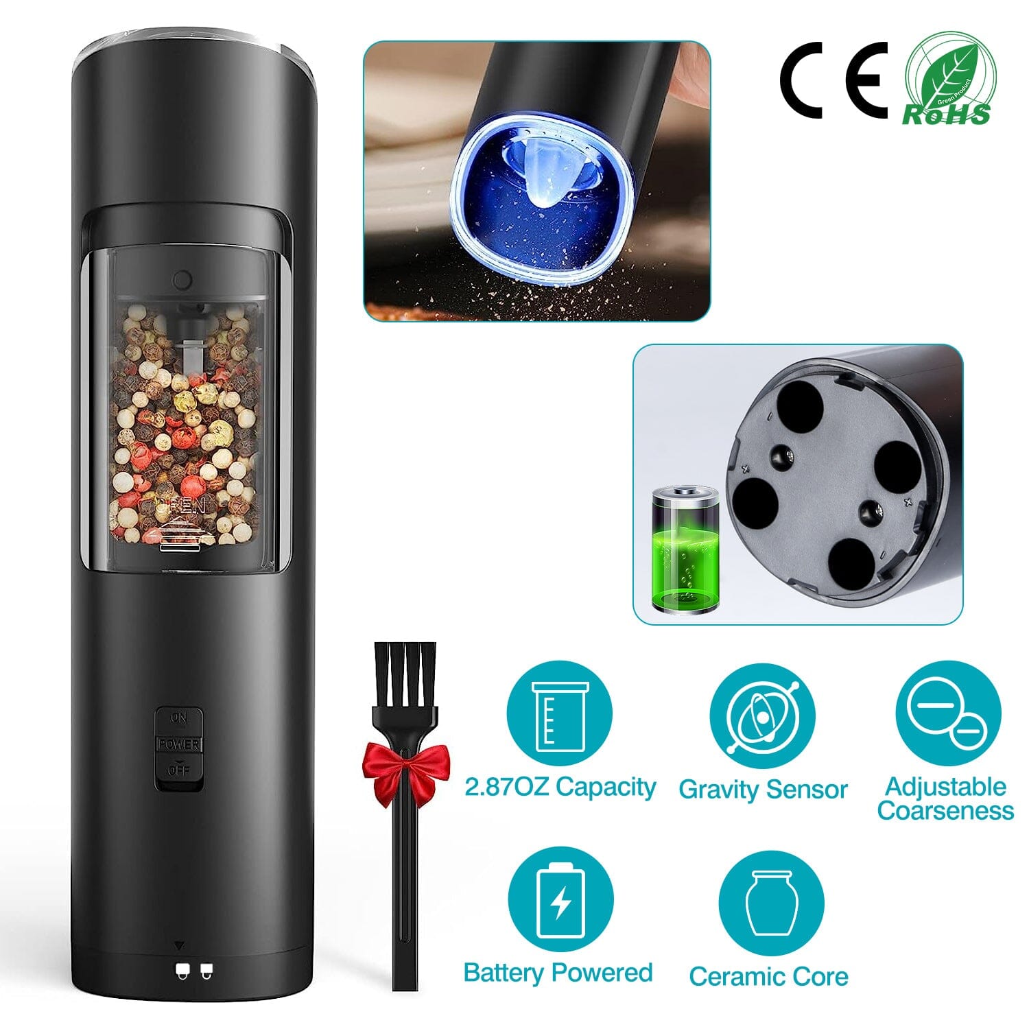 Electric Salt and Pepper Grinder LED Indicator Adjustable Coarseness Kitchen Tools & Gadgets - DailySale