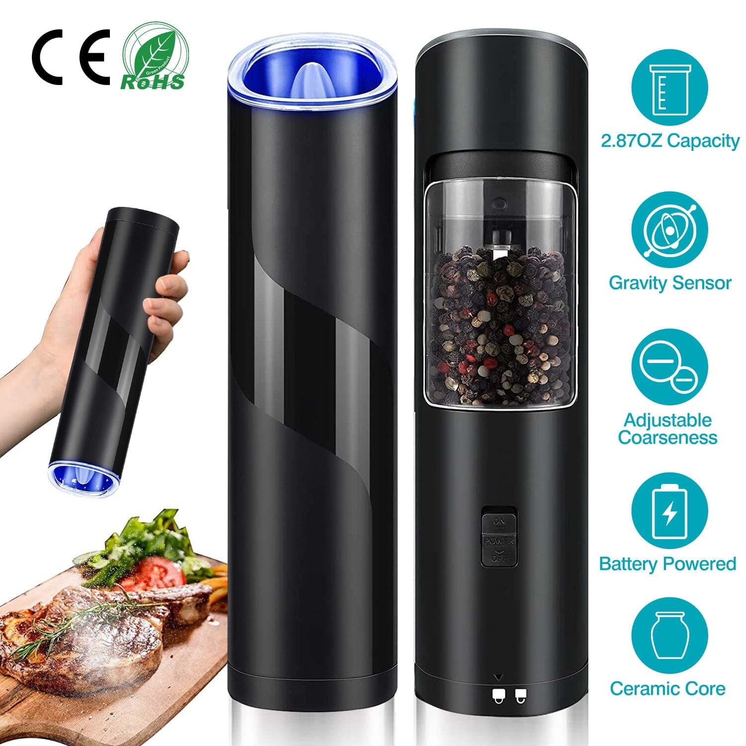 Electric Salt and Pepper Grinder LED Indicator Adjustable Coarseness Kitchen Tools & Gadgets - DailySale