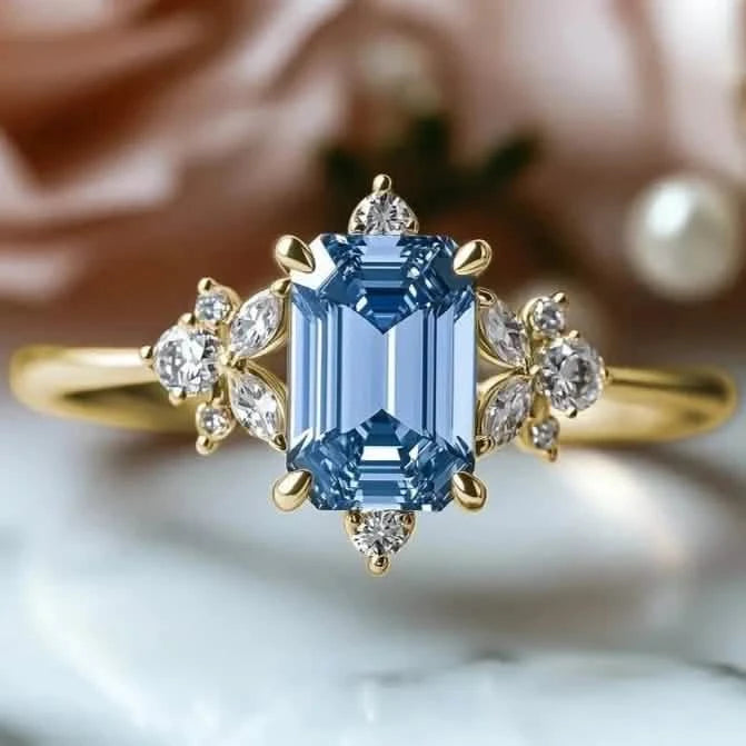 Elegant Gold-Plated Copper Engagement Ring with Square Blue Cubic Zirconia Rings - DailySale