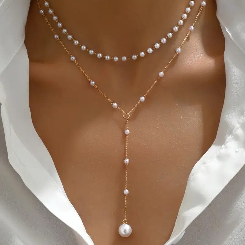 Elegant Vintage Style Double-Layer Pendant Necklace with Imitation Pearl Accents and Tassel Drop Necklaces - DailySale