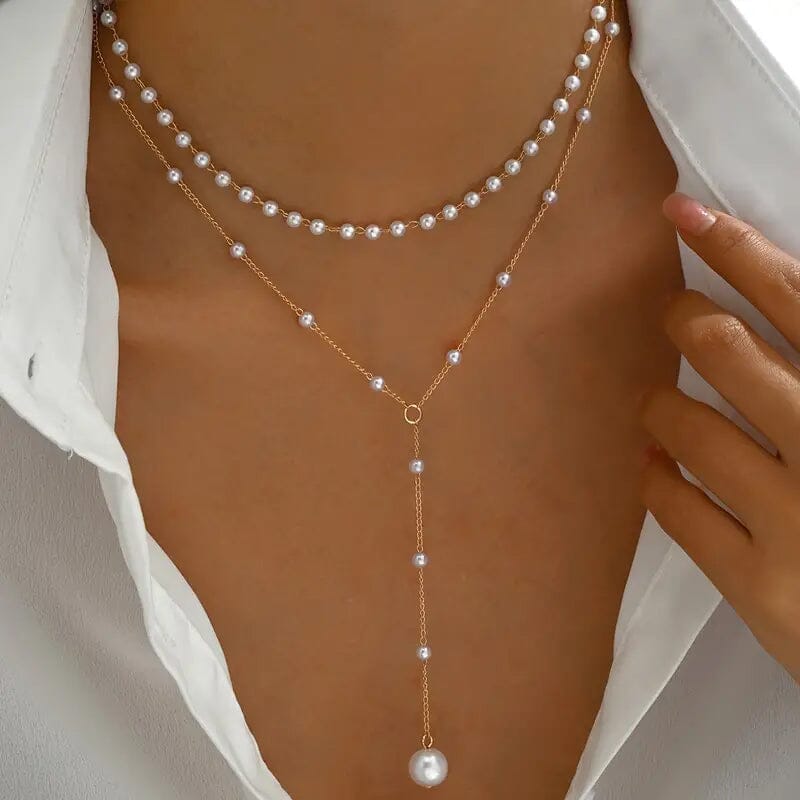 Elegant Vintage Style Double-Layer Pendant Necklace with Imitation Pearl Accents and Tassel Drop Necklaces - DailySale