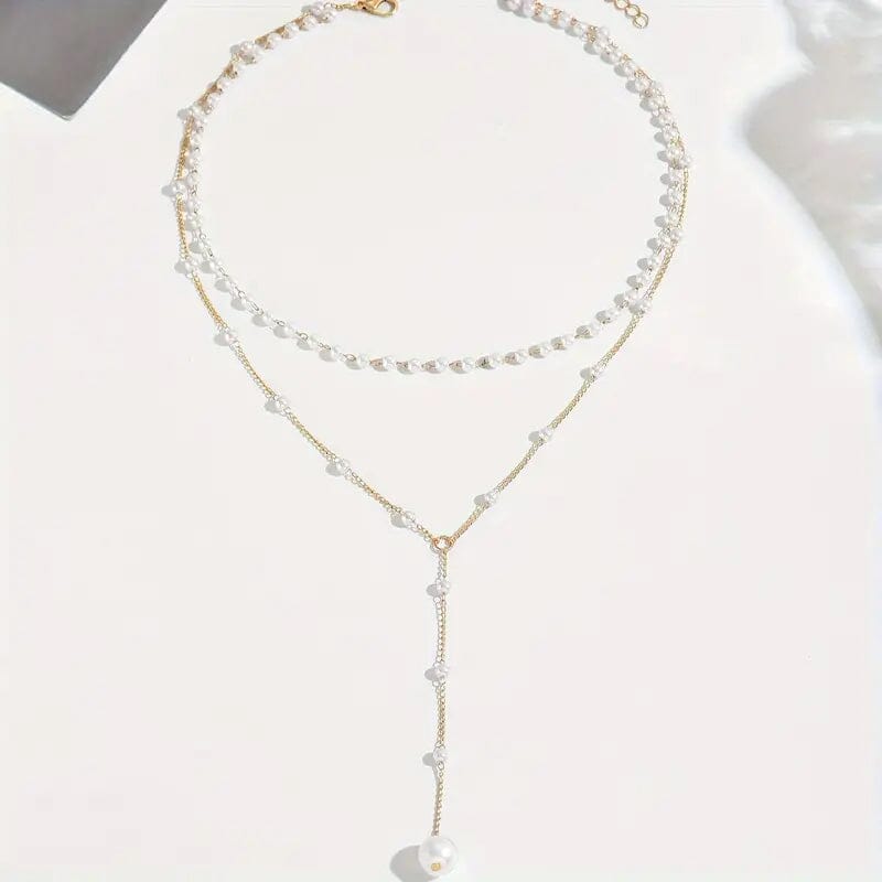 Elegant Vintage Style Double-Layer Pendant Necklace with Imitation Pearl Accents and Tassel Drop Necklaces - DailySale