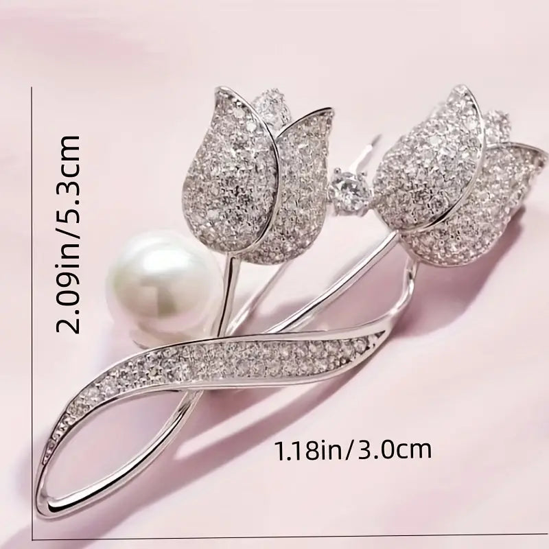 Exquisite Tulip-Shaped Faux Pearl Brooch Adorned with Artificial Diamond Earrings - DailySale