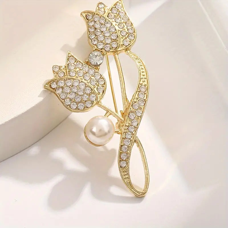 Exquisite Tulip-Shaped Faux Pearl Brooch Adorned with Artificial Diamond Earrings - DailySale