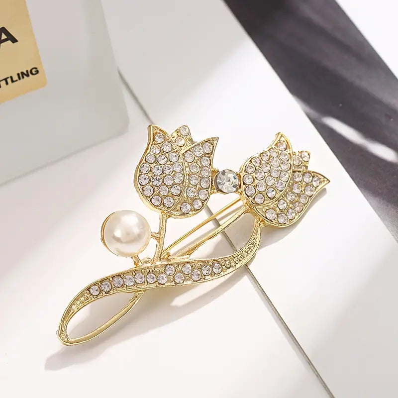 Exquisite Tulip-Shaped Faux Pearl Brooch Adorned with Artificial Diamond Earrings - DailySale