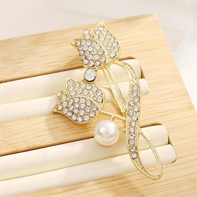 Exquisite Tulip-Shaped Faux Pearl Brooch Adorned with Artificial Diamond Earrings - DailySale