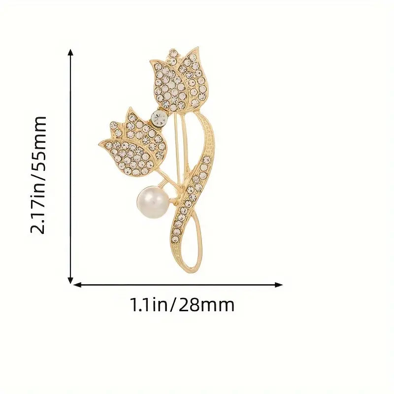 Exquisite Tulip-Shaped Faux Pearl Brooch Adorned with Artificial Diamond Earrings - DailySale