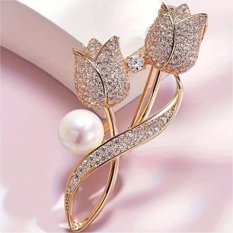 Exquisite Tulip-Shaped Faux Pearl Brooch Adorned with Artificial Diamond Earrings - DailySale