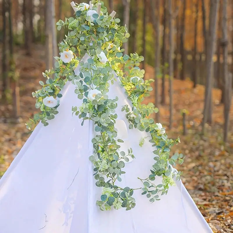 Artificial Eucalyptus Garland With Fake Roses & Gypsophila, Faux Floral Greenery