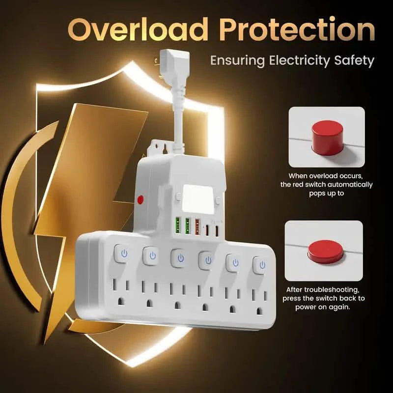 12-in-1 Adjustable Desk Lamp Power Strip – 6 AC Outlets, 3 USB-A & 2 Type-C Ports, Surge Protection