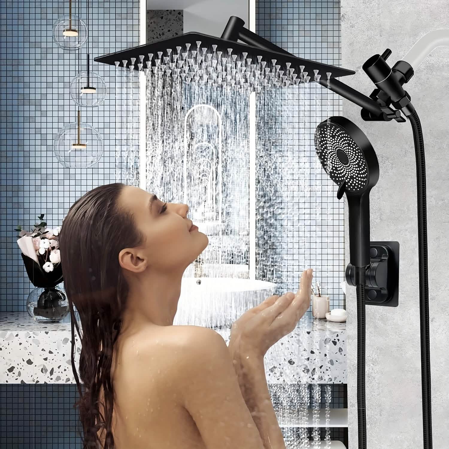 High Pressure Rainfall & Handheld Shower Head – Adjustable, Chrome/Black