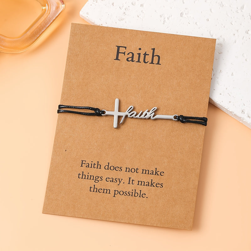 Faith cord bracelet with silver cross charm displayed on its kraft gift card