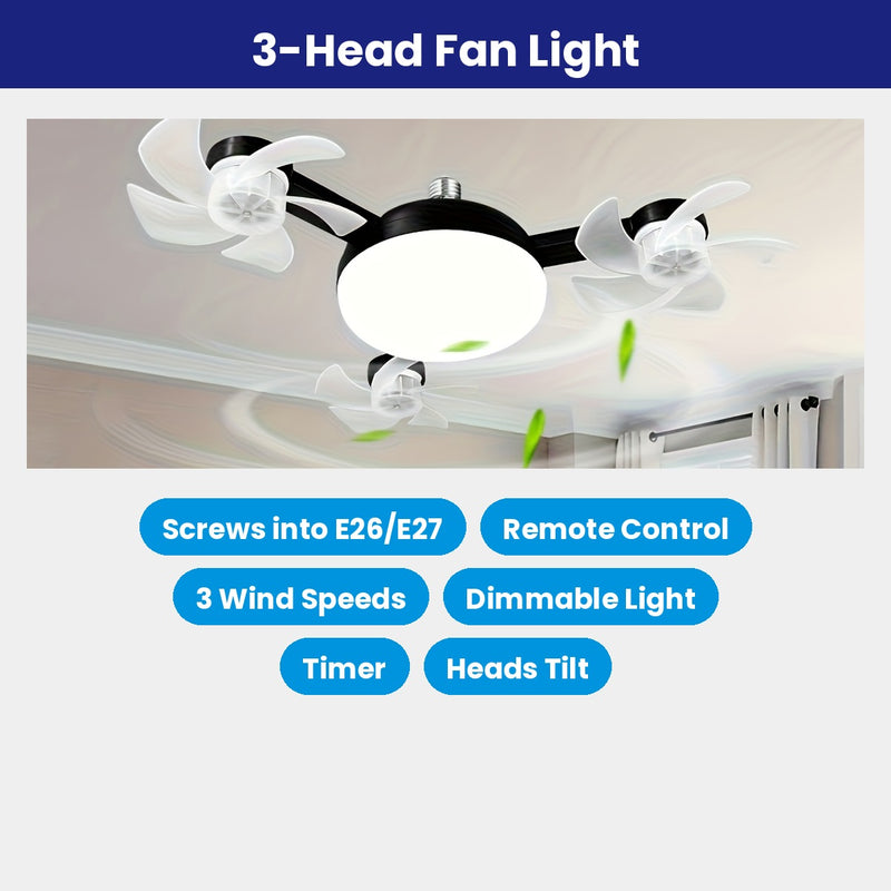 3-head fan light features: E26/E27 screw-in, remote control, 3 wind speeds, dimmable, timer, tilting heads