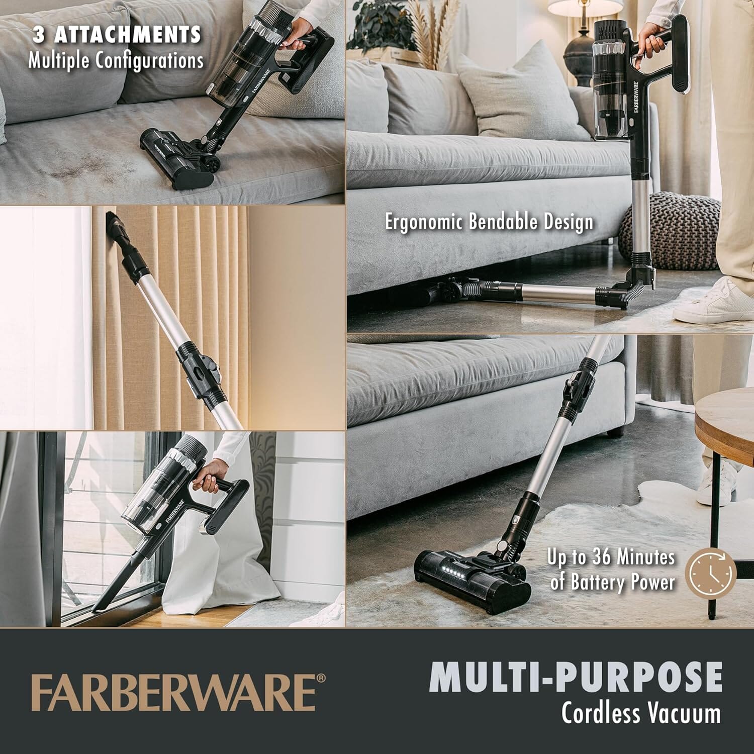 Farberware Cordless Platinum Stick Vacuum Cleaner, Smart Sensor Technology for Carpet and Hard Floors, Bendable Design, Converts to Handheld Vacuum Household Appliances - DailySale