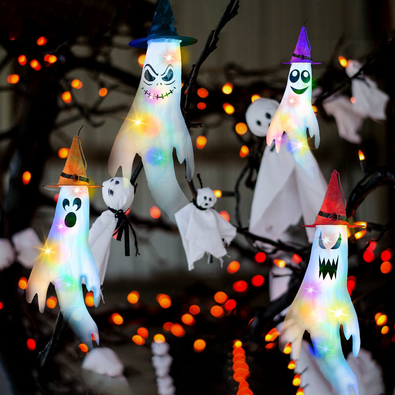 4-Pieces: Halloween Ghosts with Witch Hats Windsocks Hanging Decoration with Colorful LED Light