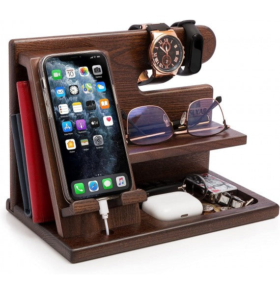 TESLYAR Wood Phone Docking Station Ash Key Holder Wallet Stand