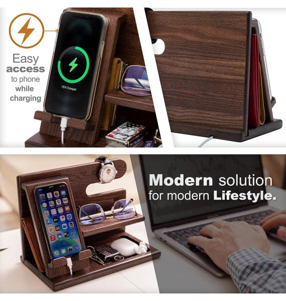 TESLYAR Wood Phone Docking Station Ash Key Holder Wallet Stand