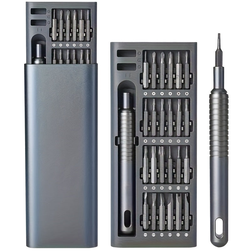 The case open with all 25 bits in their slots, beside the handle