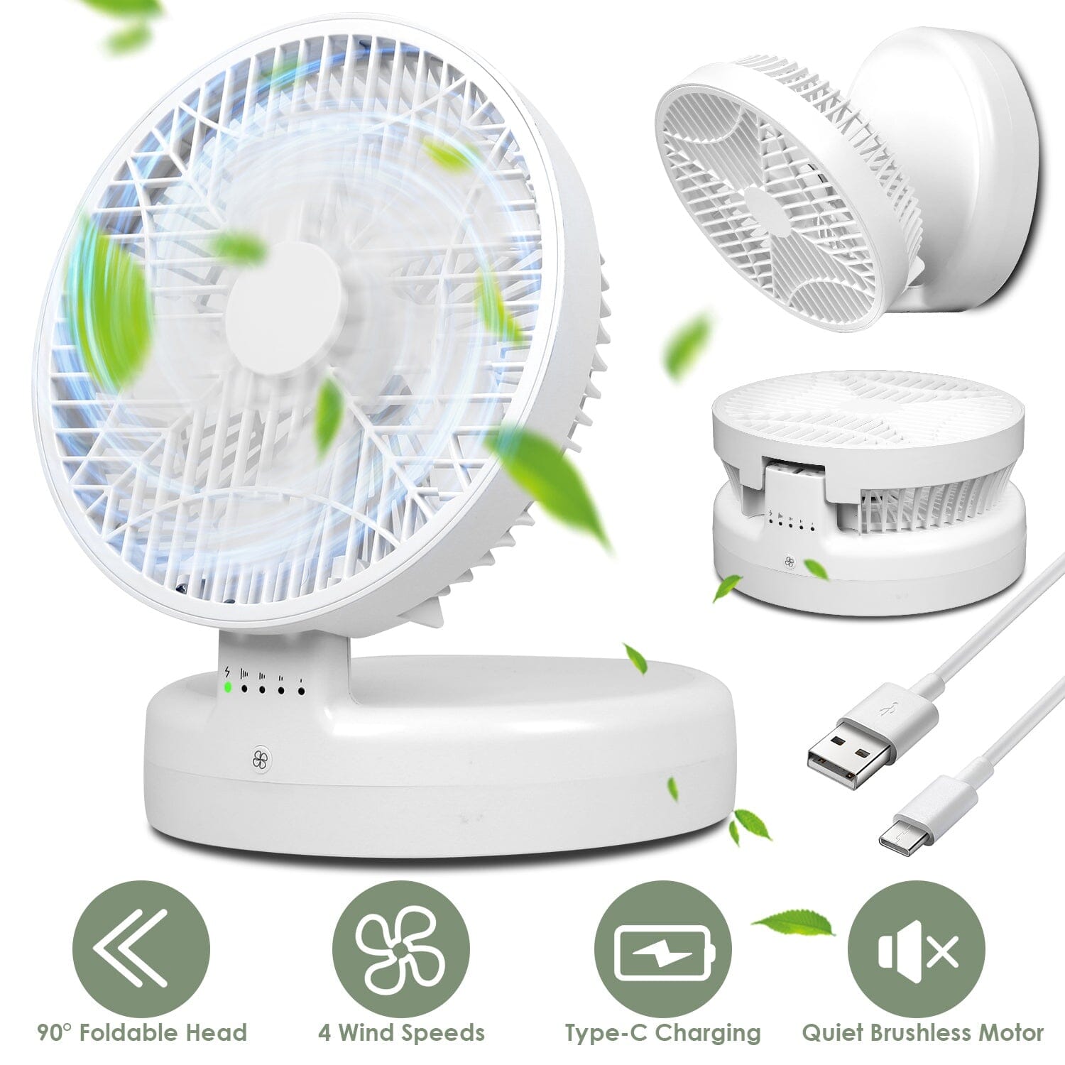 Foldable Desk Fan with 4 Wind Speeds Type-C Rechargeable Wall-Mounted Household Appliances - DailySale