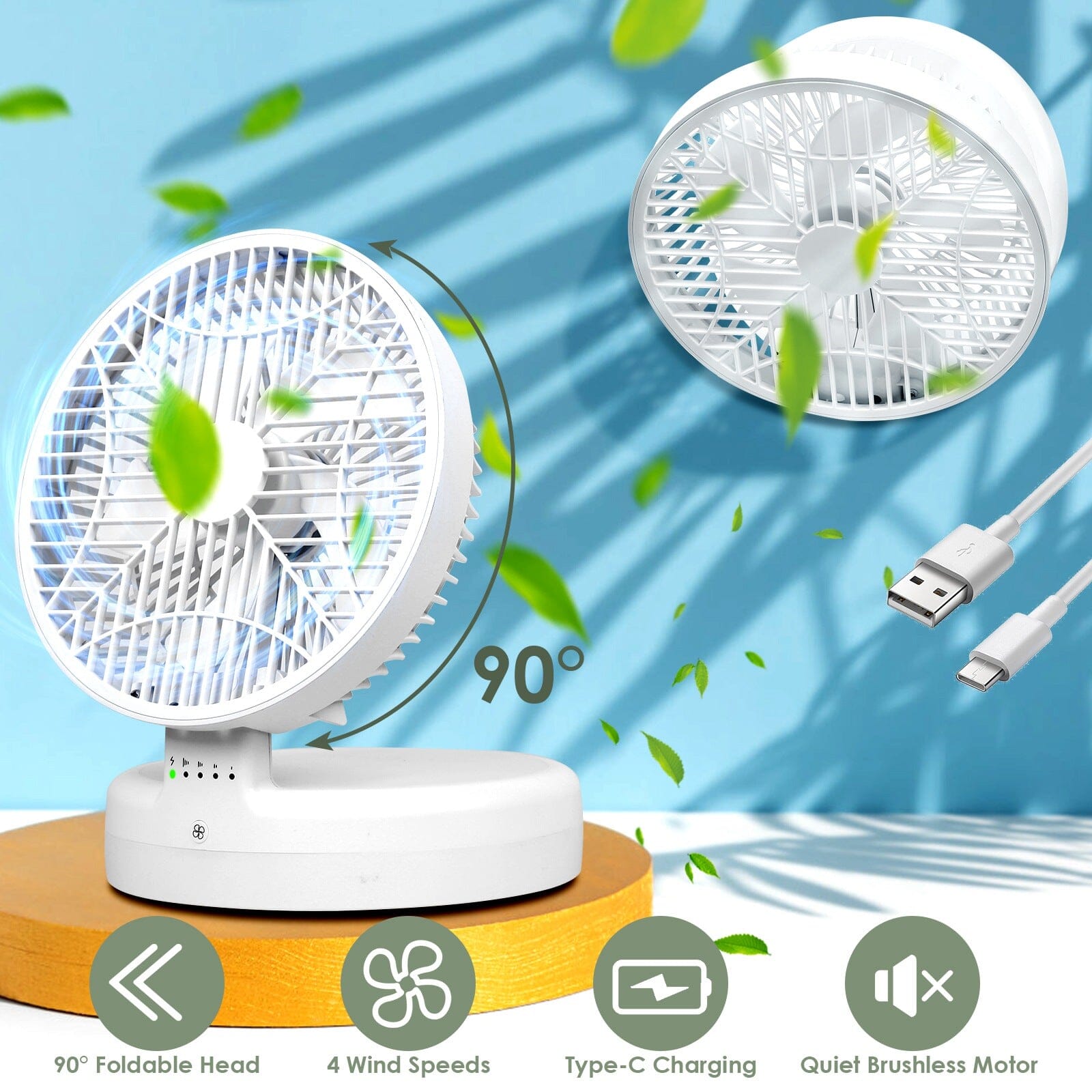 Foldable Desk Fan with 4 Wind Speeds Type-C Rechargeable Wall-Mounted Household Appliances - DailySale