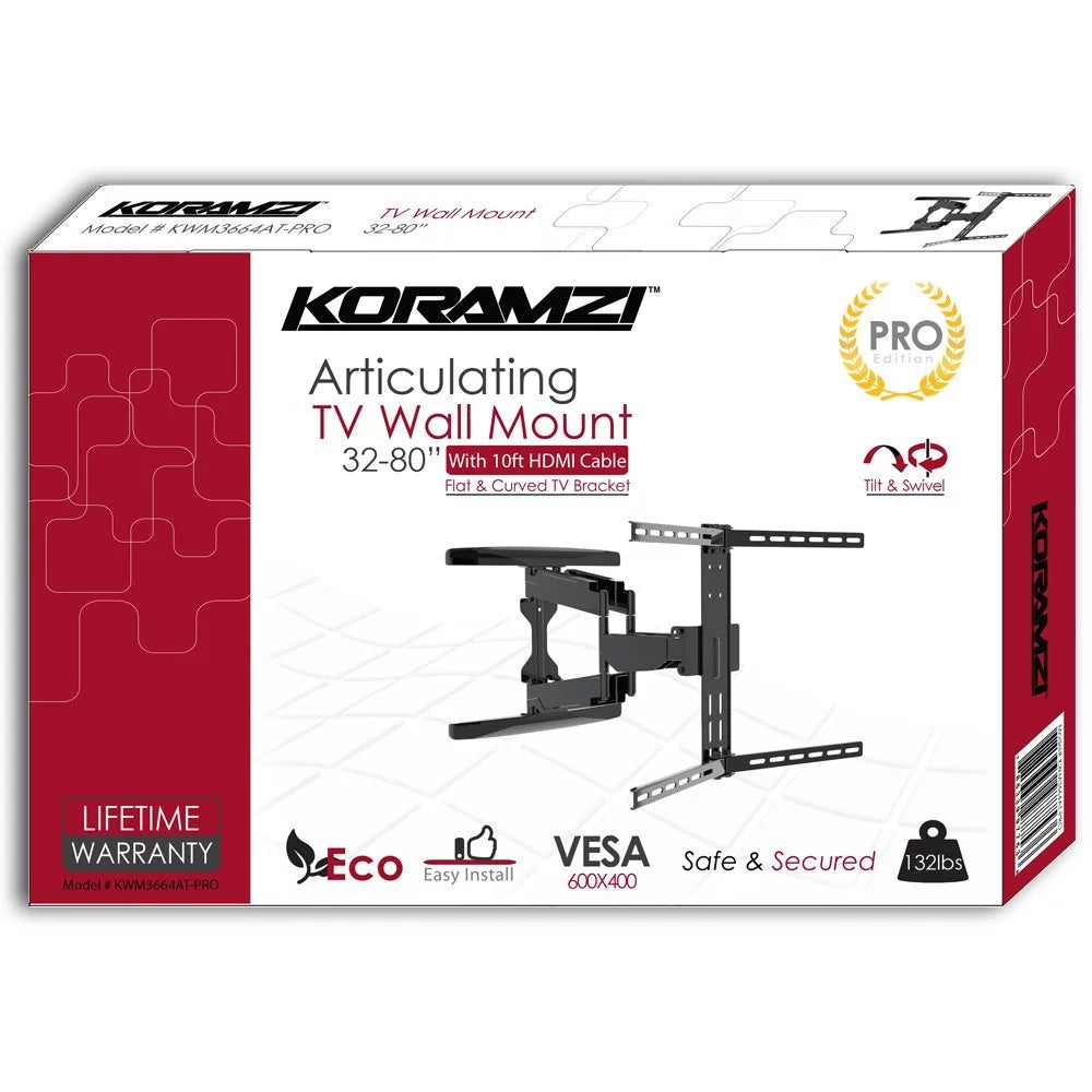 Full motion Articulating TV Wall Mount/ TV Bracket for Curved & Flat Panel TV, Fits 32 to 80" TVs 600X400 VESA Inc 10ft HDMI Cable and Bubble Level- Koramzi KWM3664AT-PRO TV & Video - DailySale