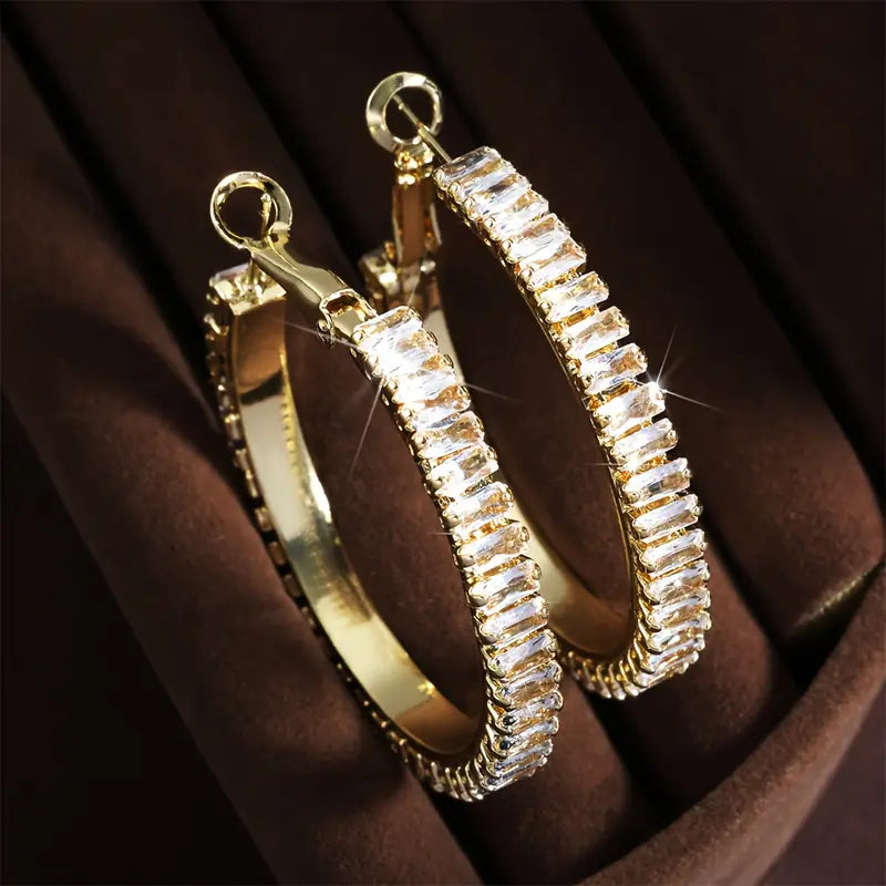 Full Rectangular Shiny Synthetic Zirconia Decorative Hoop Earrings Earrings Gold - DailySale