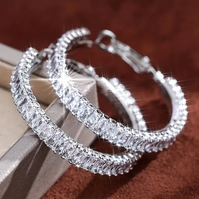 Full Rectangular Shiny Synthetic Zirconia Decorative Hoop Earrings Earrings Silver - DailySale