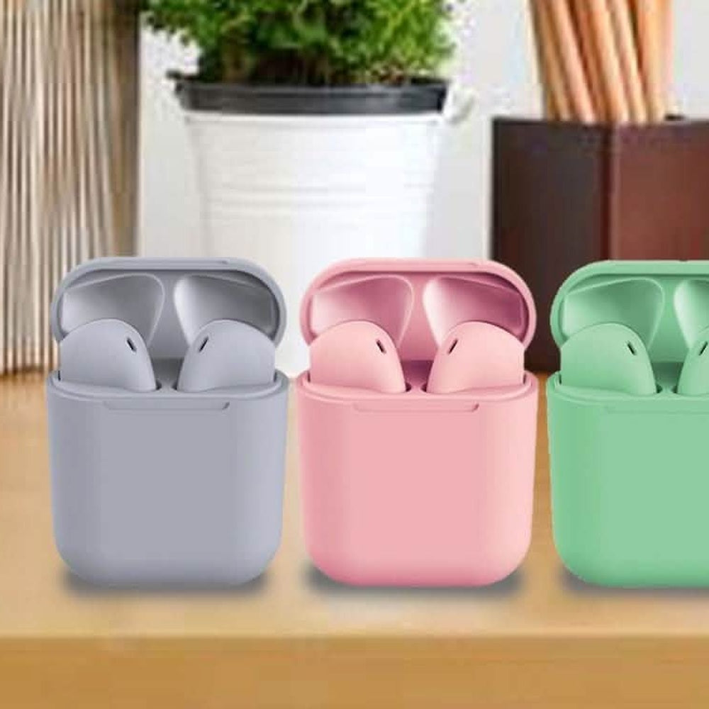 Rubber matte wireless earbuds with charging cases in assorted colours