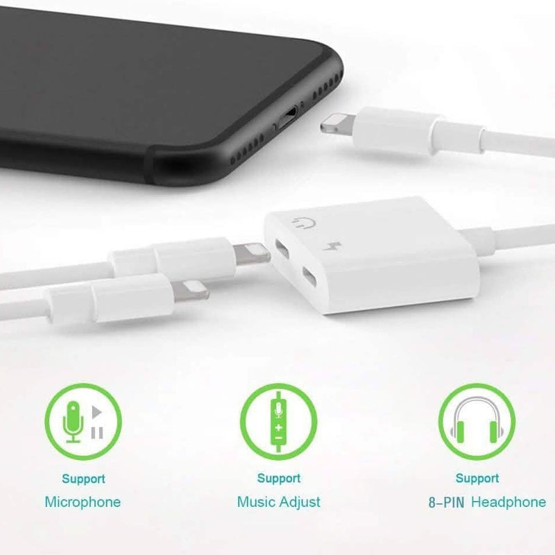 2-in-1 Lightning adapter shown with phone, supporting audio and charging