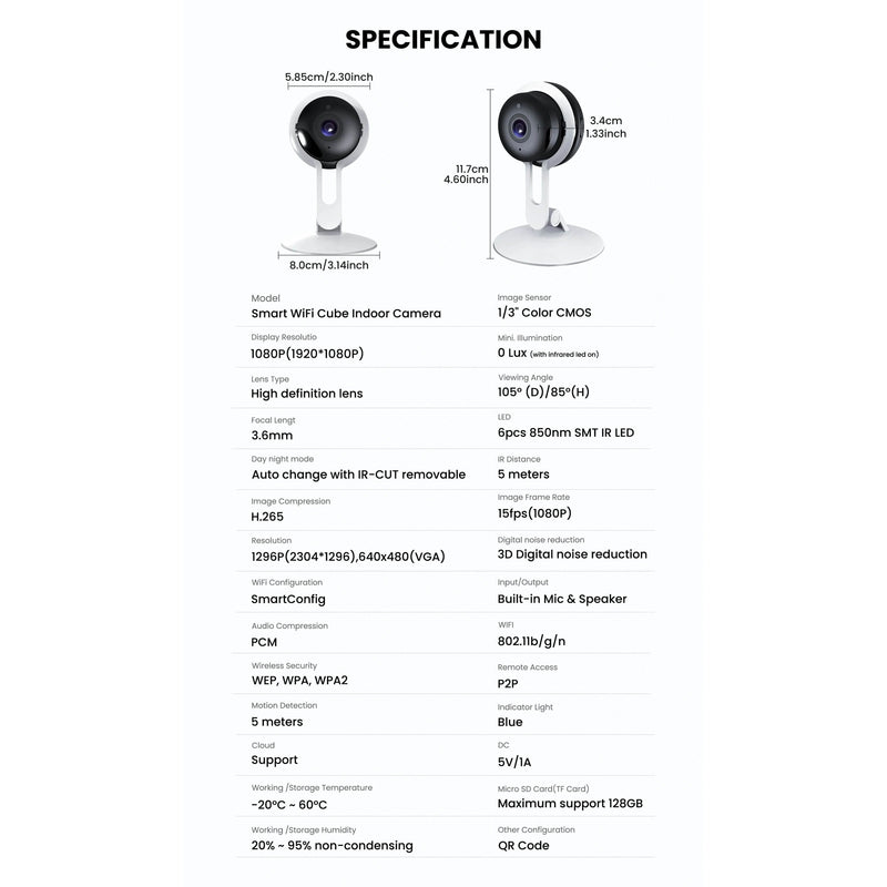 3MP wireless smart AI home security camera specifications
