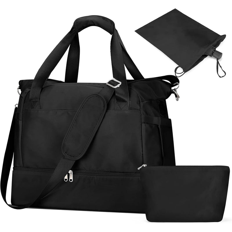 Black three-piece duffel set: gym bag with top handles and shoulder strap, drawstring bag and zip pouch