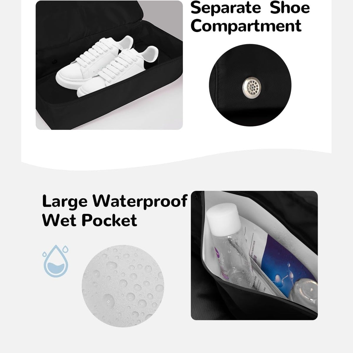 Separate shoe compartment holding white sneakers, vented eyelet detail, and the lined waterproof wet pocket