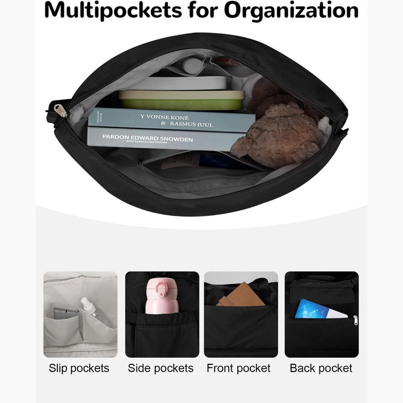 Interior packed with books and clothes, with slip, side, front and back pockets shown separately