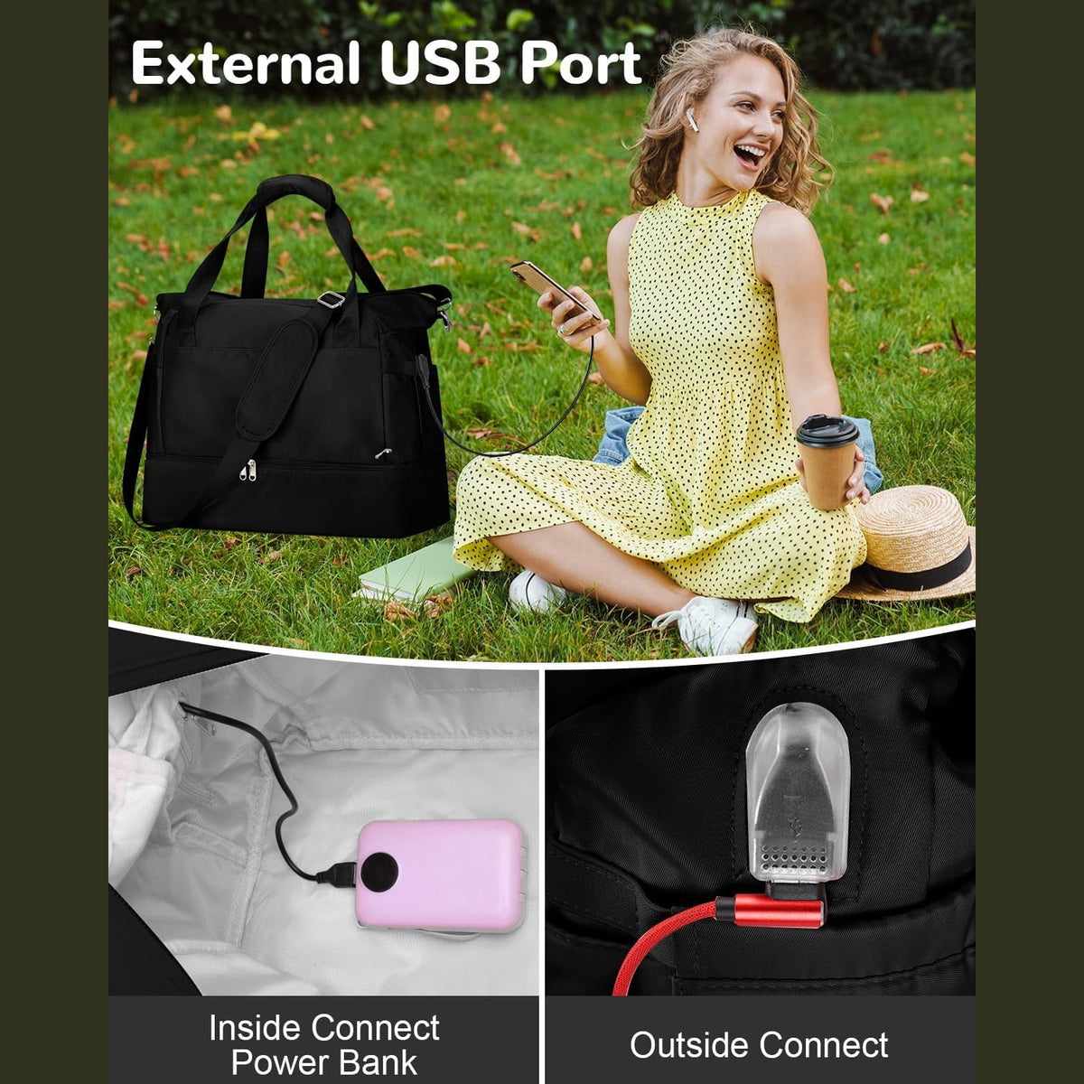 External USB port: user-supplied power bank connects inside, cable plugs in outside