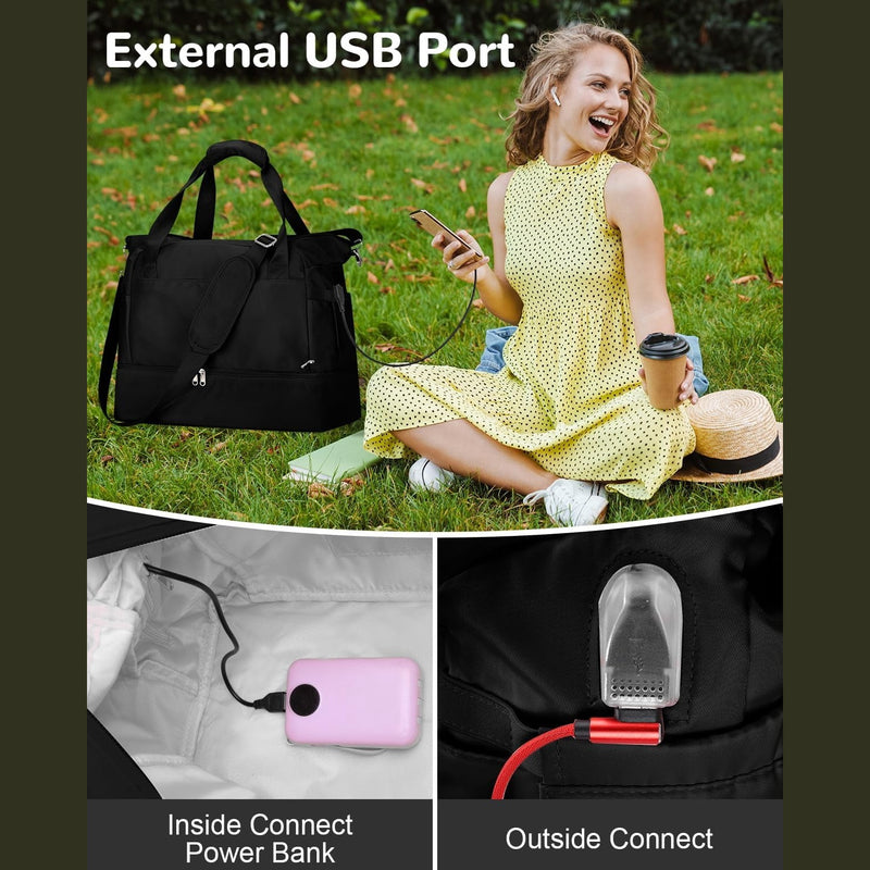 External USB port: user-supplied power bank connects inside, cable plugs in outside