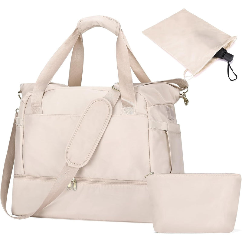 Beige three-piece duffel set: gym bag, drawstring bag and zip pouch