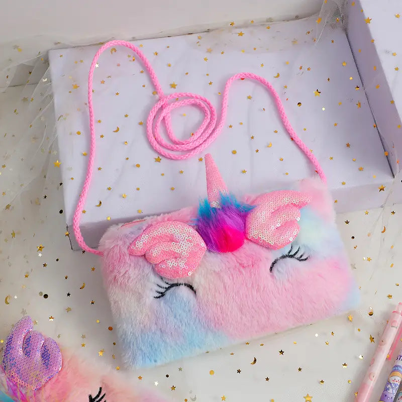 Girls Cute Sequin Plush Unicorn Tie Dye Bag in blue