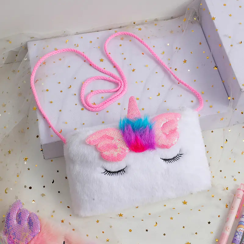 Girls Cute Sequin Plush Unicorn Tie Dye Bag in white