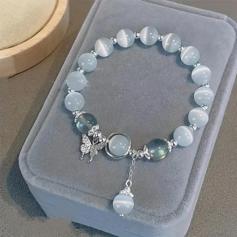 Glass Cat Eye Stone Beaded Bracelet with Butterfly Charm Bracelets - DailySale