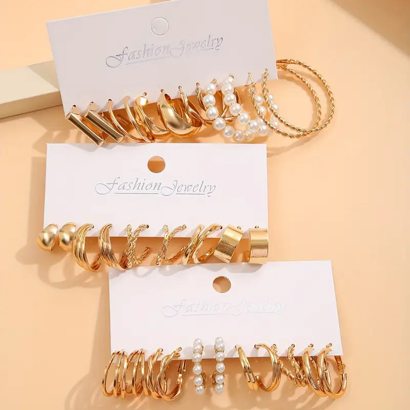 Gold-Tone Hoop Earrings Set with Faux Pearls Earrings - DailySale