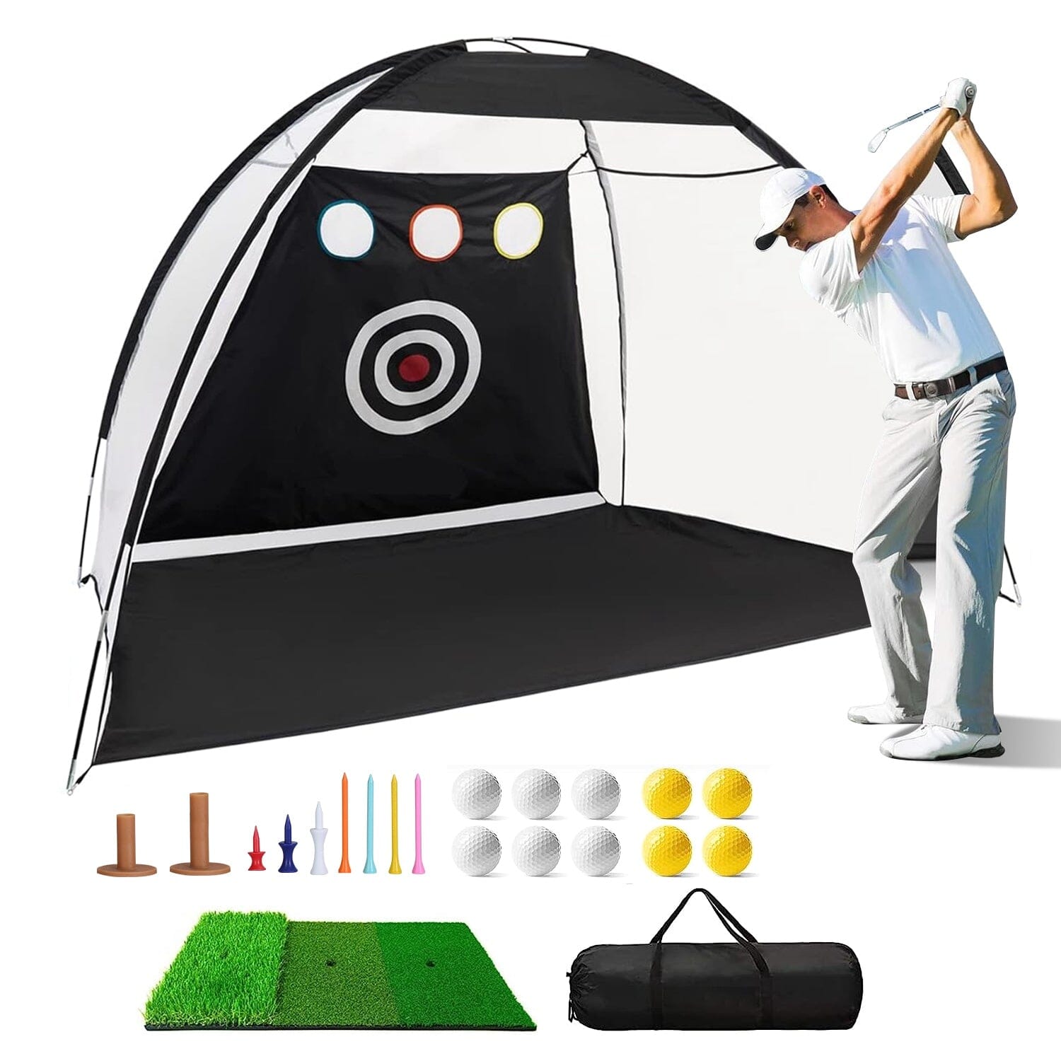 Golf Training Aids Driving Hitting Nets with Tri-Turf Golf Mat Target Cloth 10 Golf Balls 7 Golf Tees 2 Rubber Golf Tee Holders Carry Bag for Indoor Outdoor Sports Sports & Outdoors - DailySale