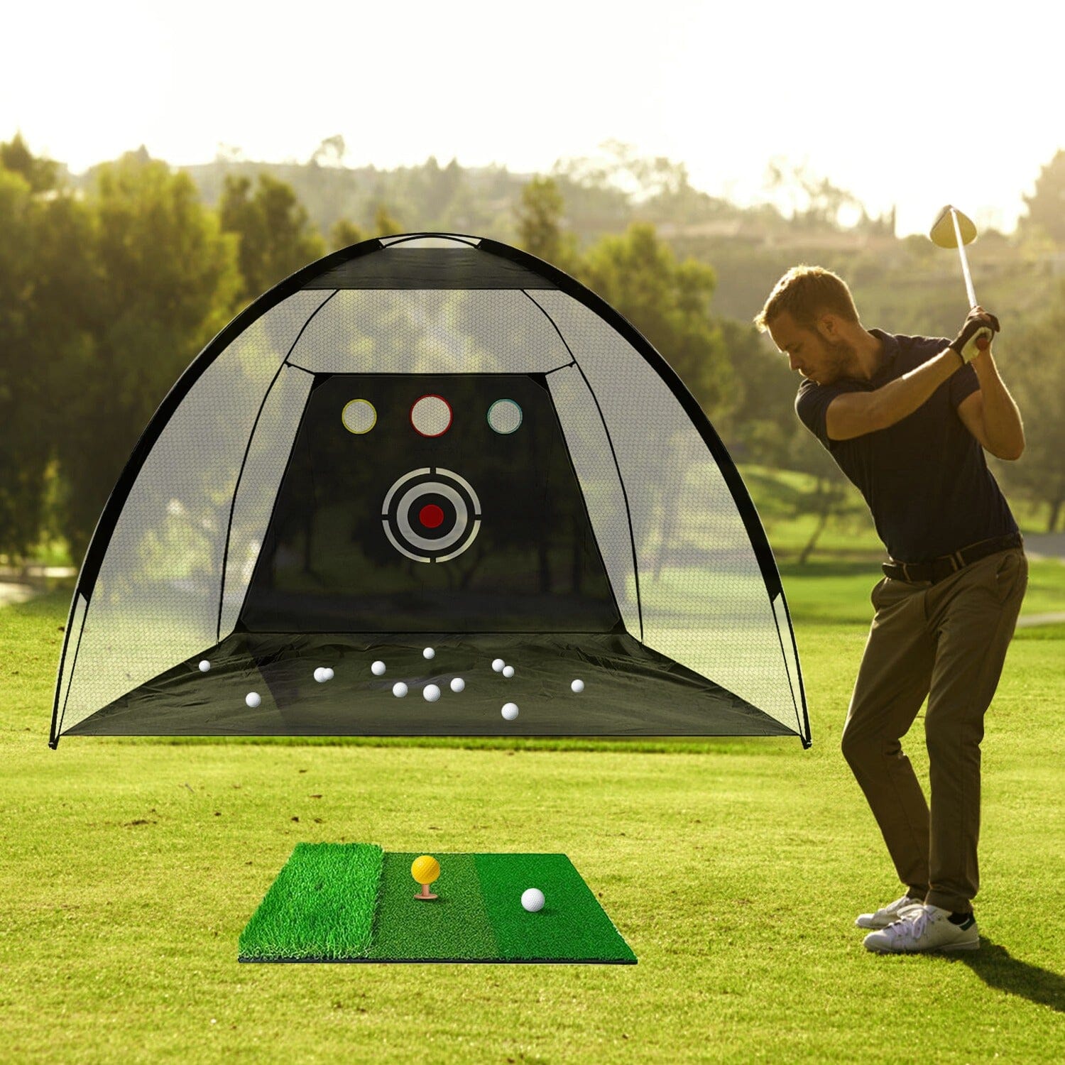 Golf Training Aids Driving Hitting Nets with Tri-Turf Golf Mat Target Cloth 10 Golf Balls 7 Golf Tees 2 Rubber Golf Tee Holders Carry Bag for Indoor Outdoor Sports Sports & Outdoors - DailySale