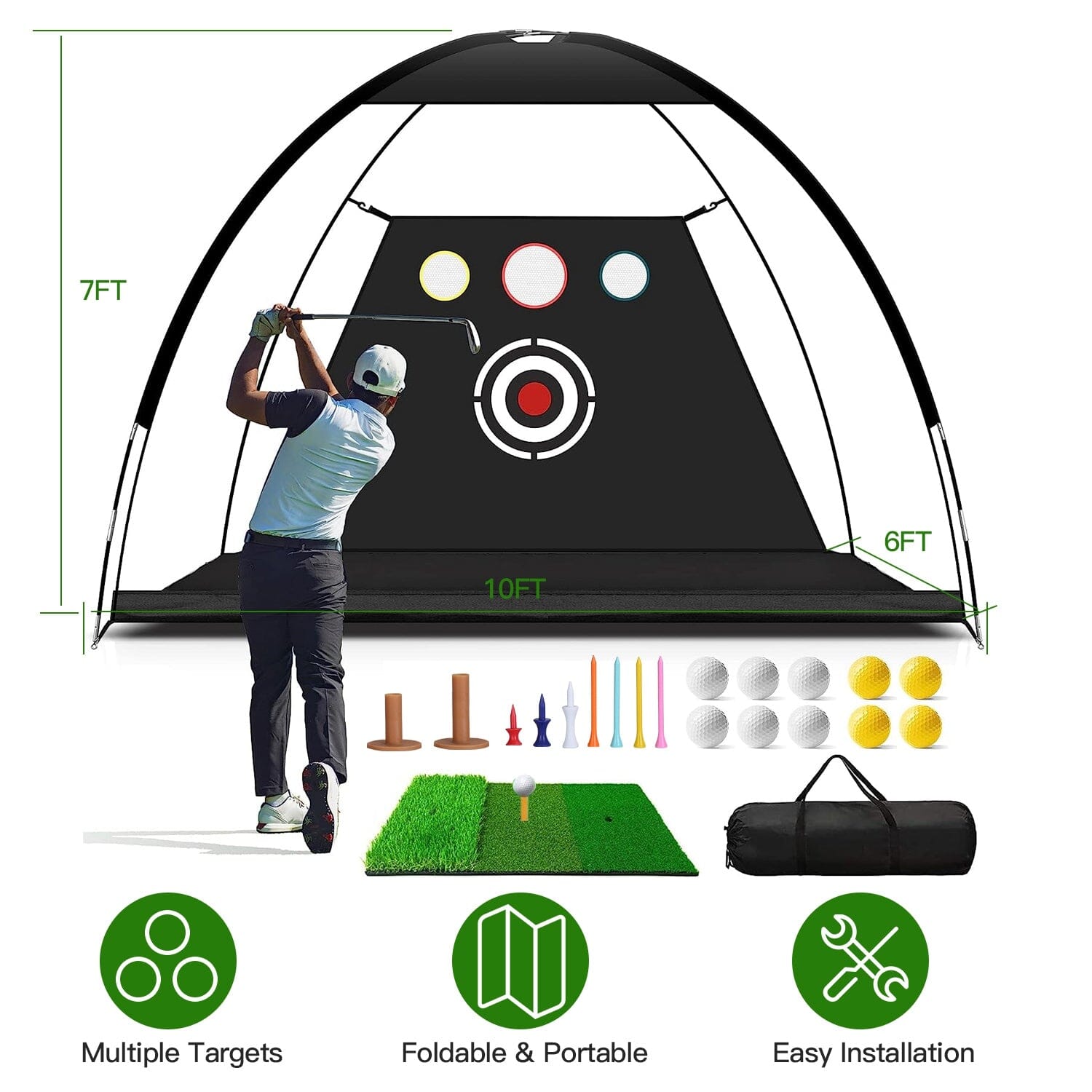 Golf Training Aids Driving Hitting Nets with Tri-Turf Golf Mat Target Cloth 10 Golf Balls 7 Golf Tees 2 Rubber Golf Tee Holders Carry Bag for Indoor Outdoor Sports Sports & Outdoors - DailySale