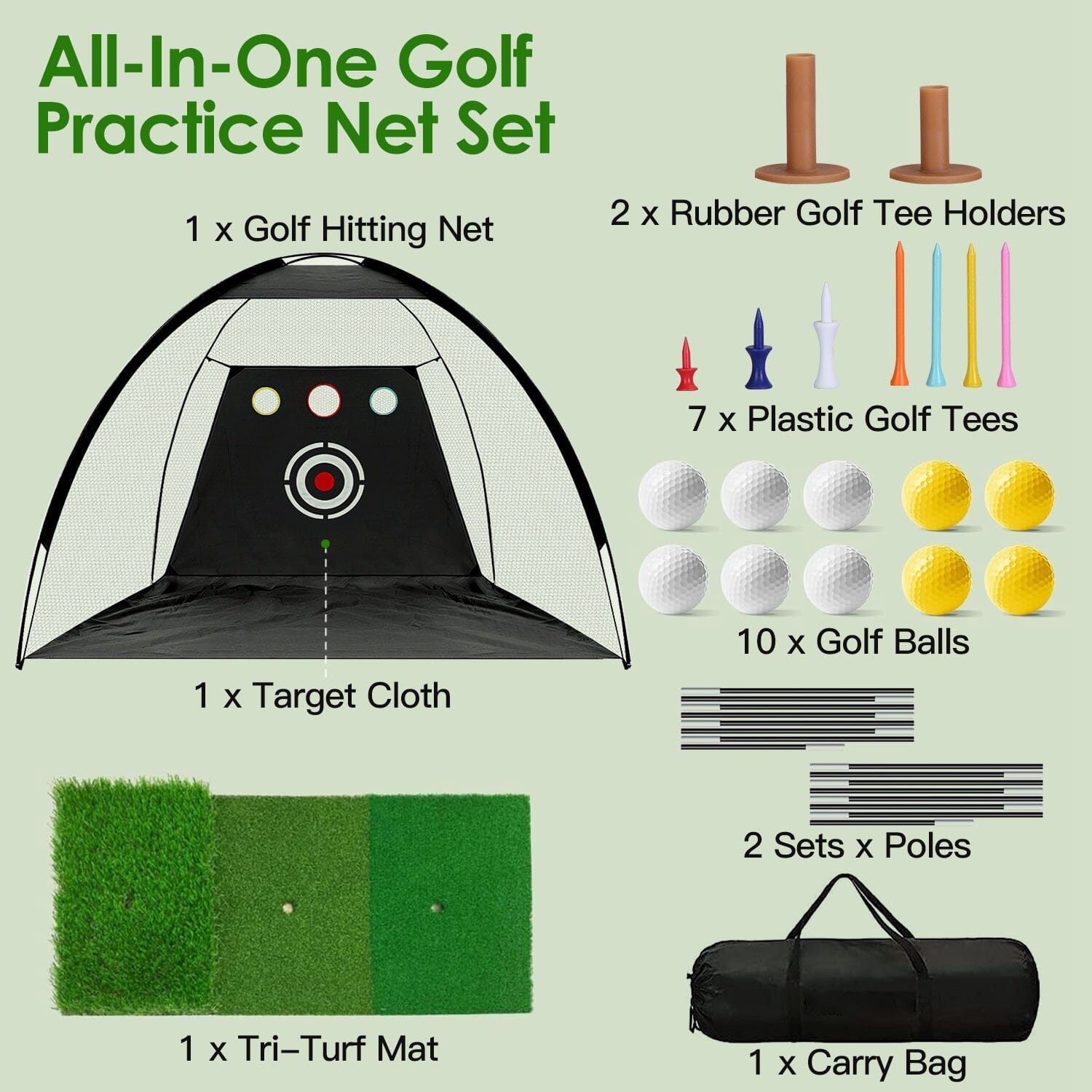 Golf Training Aids Driving Hitting Nets with Tri-Turf Golf Mat Target Cloth 10 Golf Balls 7 Golf Tees 2 Rubber Golf Tee Holders Carry Bag for Indoor Outdoor Sports Sports & Outdoors - DailySale