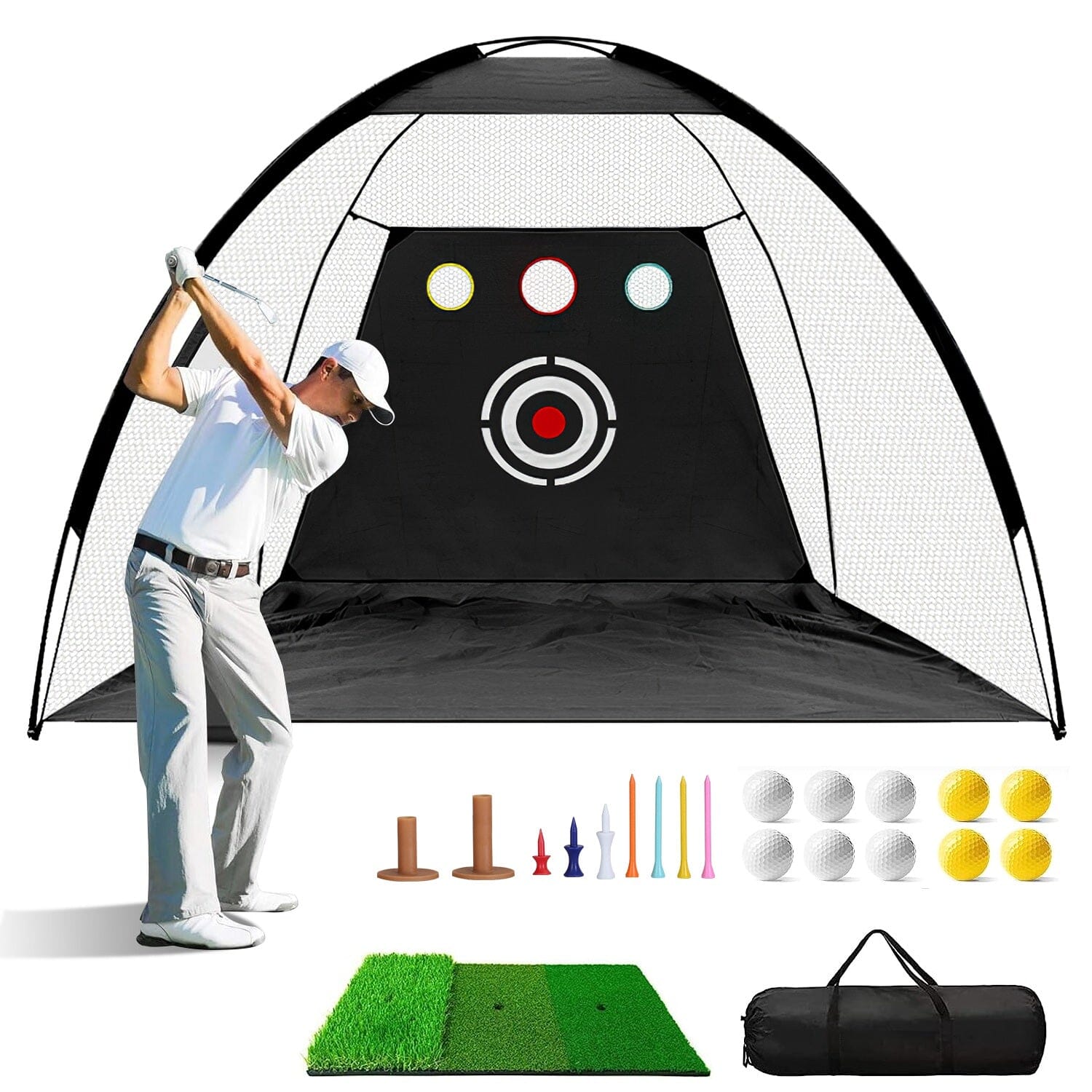 Golf Training Aids Driving Hitting Nets with Tri-Turf Golf Mat Target Cloth 10 Golf Balls 7 Golf Tees 2 Rubber Golf Tee Holders Carry Bag for Indoor Outdoor Sports Sports & Outdoors - DailySale