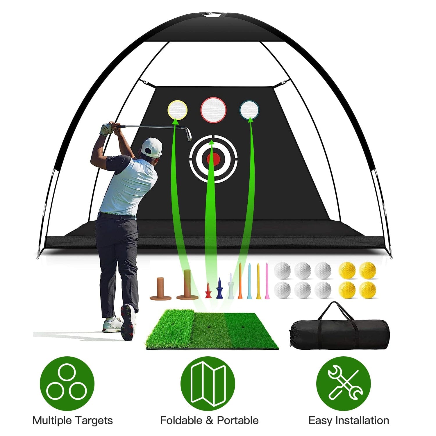 Golf Training Aids Driving Hitting Nets with Tri-Turf Golf Mat Target Cloth 10 Golf Balls 7 Golf Tees 2 Rubber Golf Tee Holders Carry Bag for Indoor Outdoor Sports Sports & Outdoors - DailySale