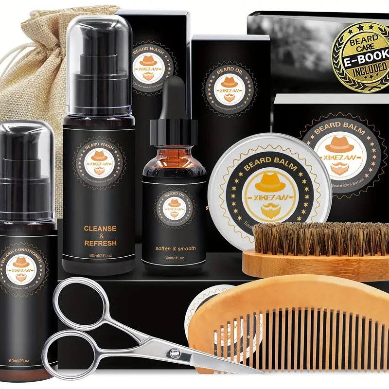 Grooming Kit w/Beard Conditioner, Oil, Balm, Brush, Wash, Comb, Scissor, Bag, E-Book Men's Grooming - DailySale